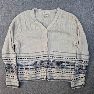 Eddie Bauer Hand Knit Cardigan Sweater Womens XL Linen Blend Oatmeal Cottagecore